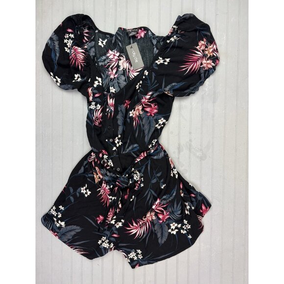 City Chic Size S/ 16 Womens Romper Playsuit Black Floral Button Front Belted - Picture 1 of 4